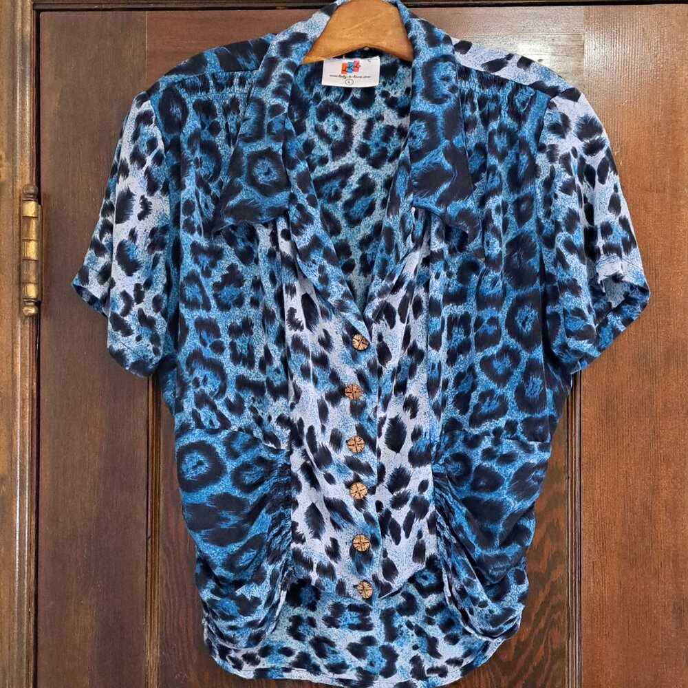 Blue Leopard Print Top, Retro Rock N Roll Inspired by Lady K Loves, Sz L, Junior